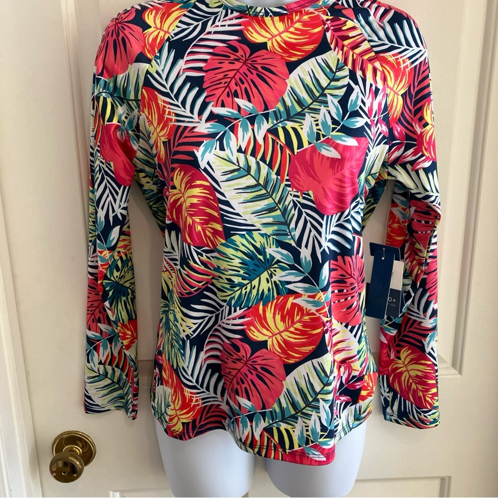 NWT Caribbean Joe Tropical Leaf Print Swim Shirt, Long Sleeve, Small